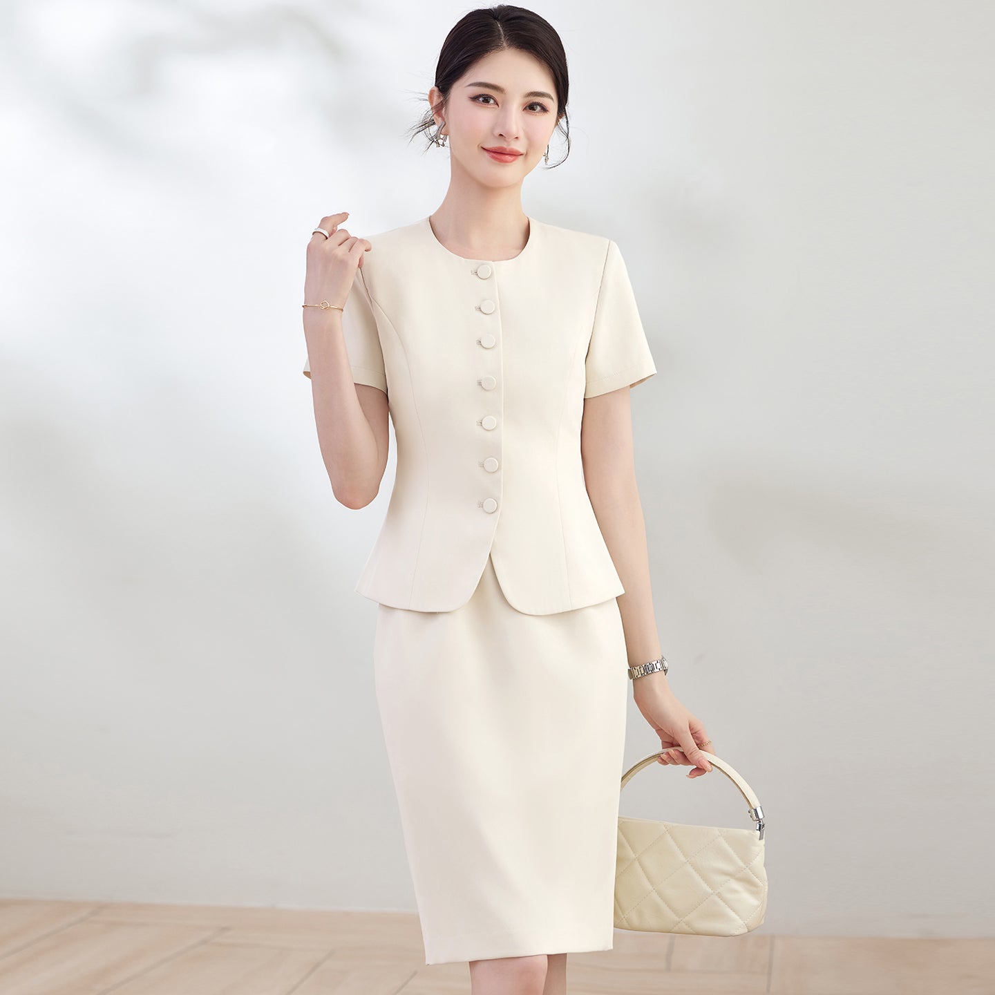 Elegant Round-Neck Button-Front Blazer & Skirt Set