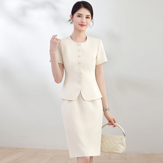 Elegant Round-Neck Button-Front Blazer & Skirt Set