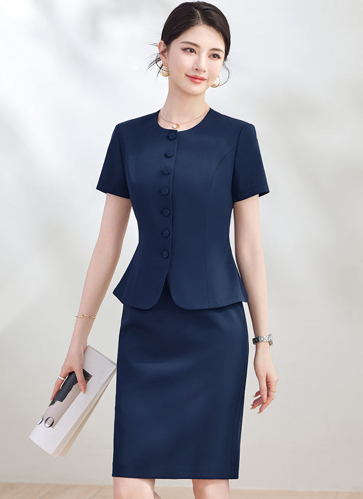 Elegant Round-Neck Button-Front Blazer & Skirt Set