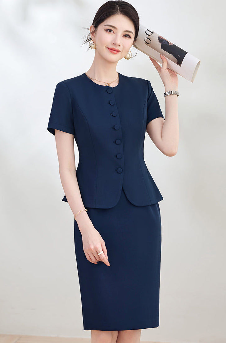 Elegant Round-Neck Button-Front Blazer & Skirt Set