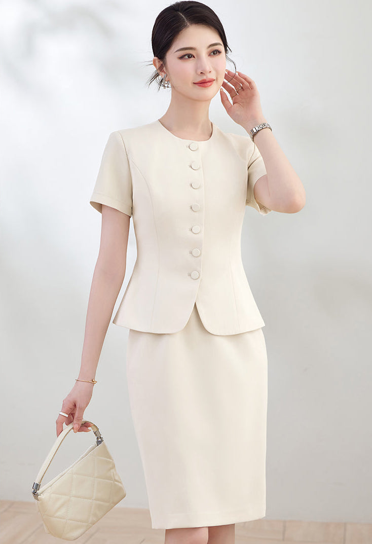Elegant Round-Neck Button-Front Blazer & Skirt Set