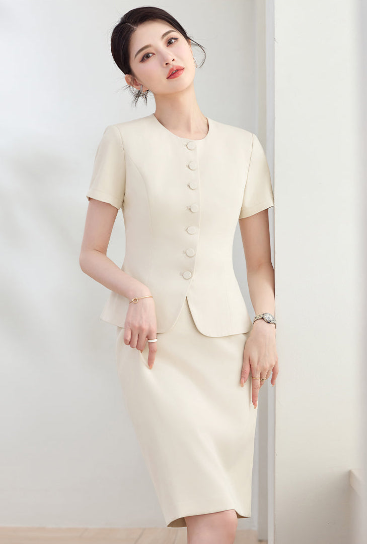Elegant Round-Neck Button-Front Blazer & Skirt Set