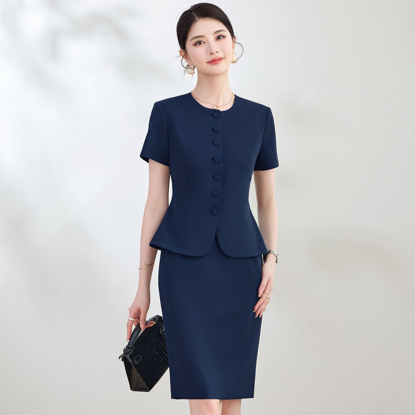 Elegant Round-Neck Button-Front Blazer & Skirt Set