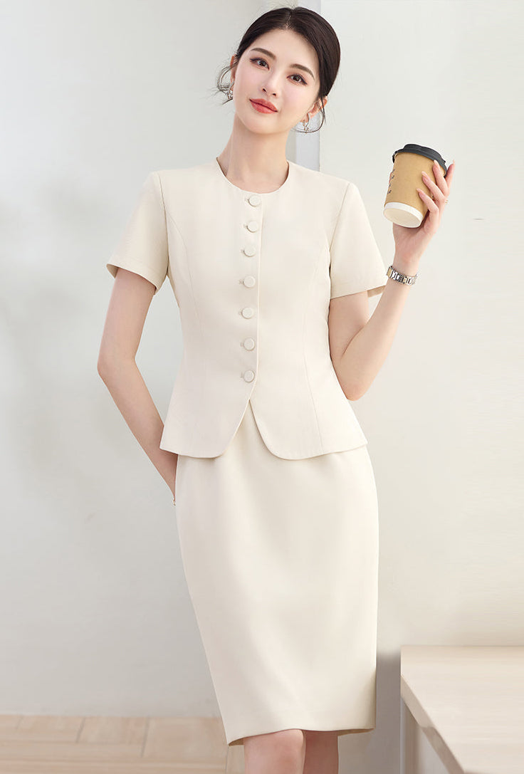 Elegant Round-Neck Button-Front Blazer & Skirt Set