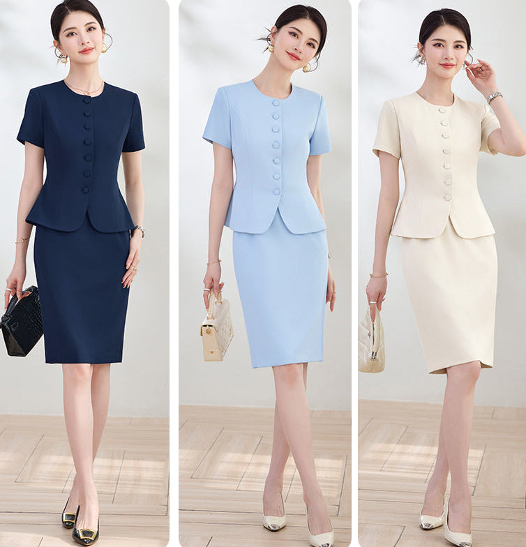 Elegant Round-Neck Button-Front Blazer & Skirt Set