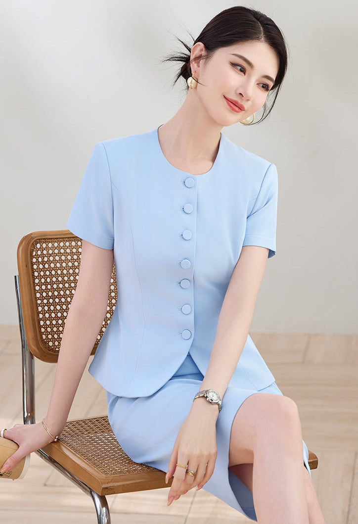 Elegant Round-Neck Button-Front Blazer & Skirt Set