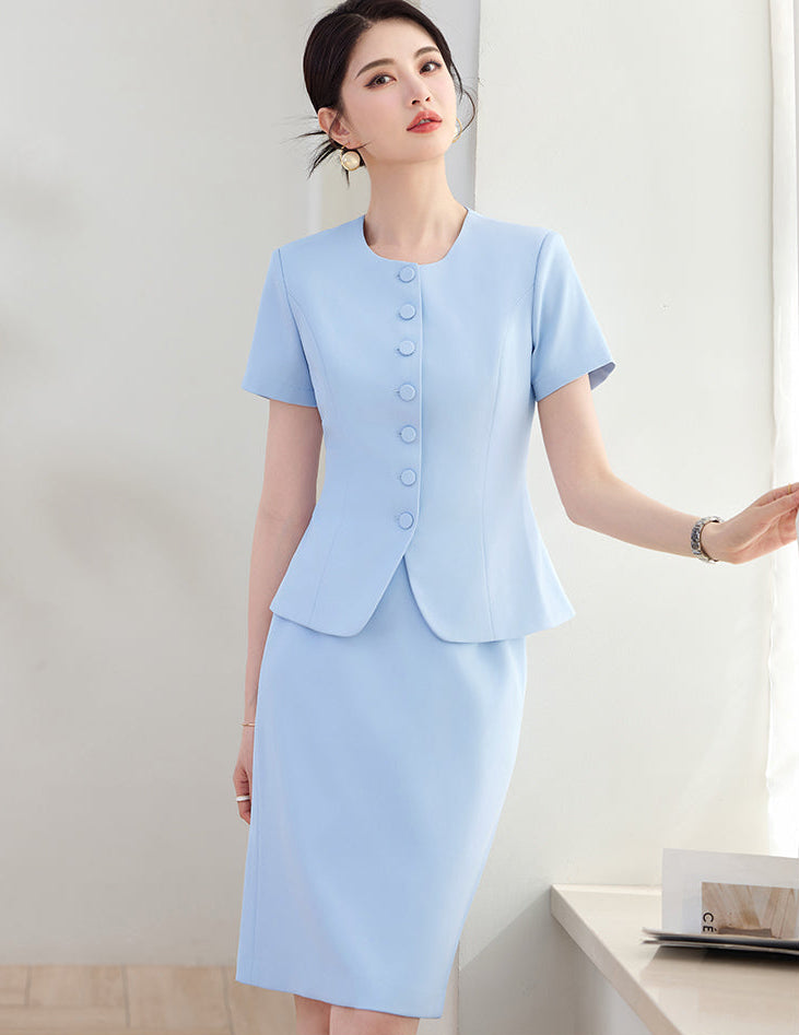 Elegant Round-Neck Button-Front Blazer & Skirt Set
