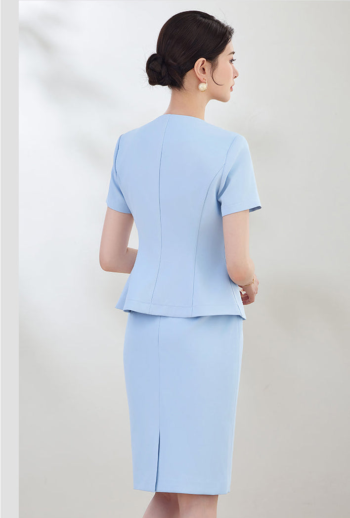 Elegant Round-Neck Button-Front Blazer & Skirt Set