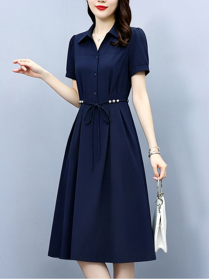 Plus Size Elegant Short Sleeve Shirt Dress with Tie Waist