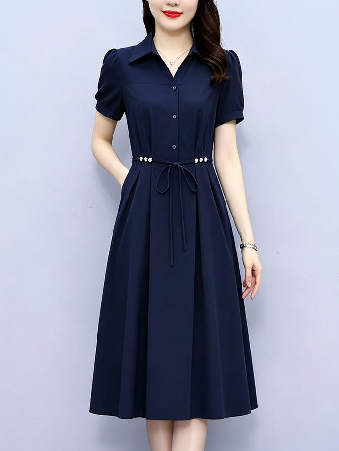Plus Size Elegant Short Sleeve Shirt Dress with Tie Waist