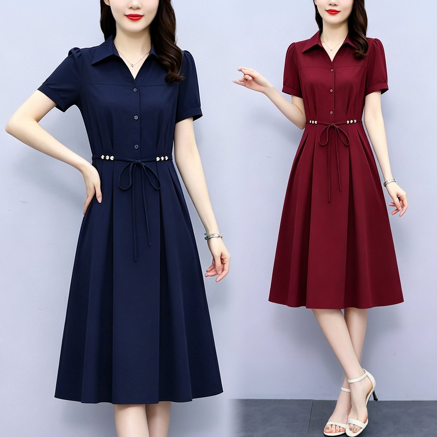 Plus Size Elegant Short Sleeve Shirt Dress with Tie Waist