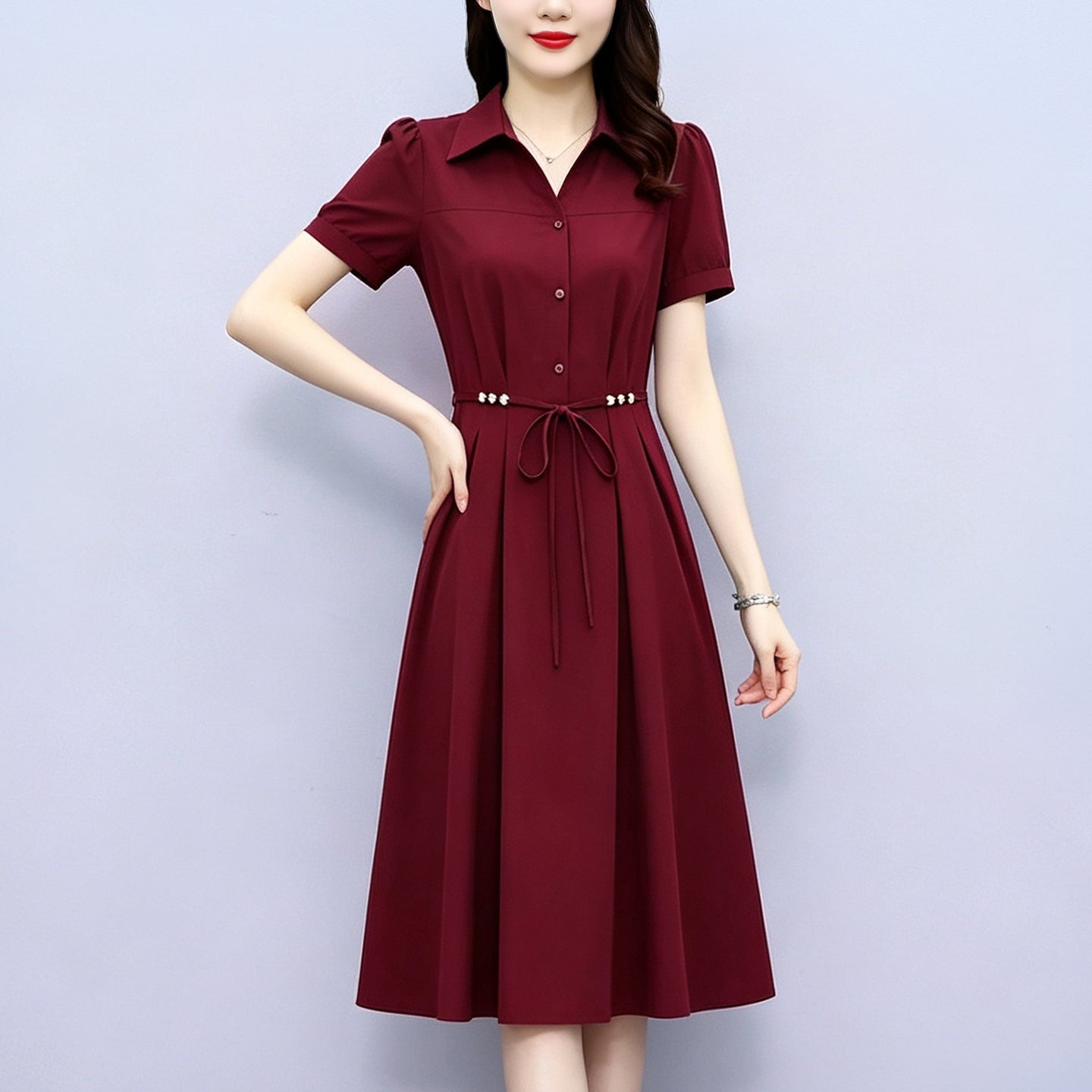 Plus Size Elegant Short Sleeve Shirt Dress with Tie Waist