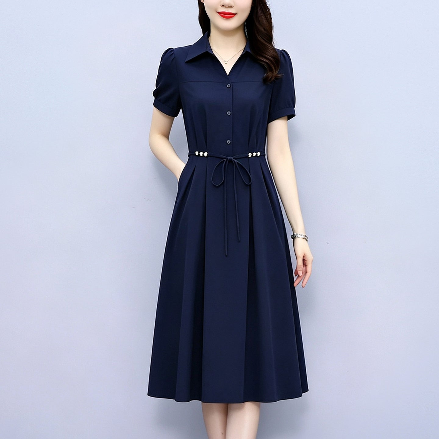 Plus Size Elegant Short Sleeve Shirt Dress with Tie Waist