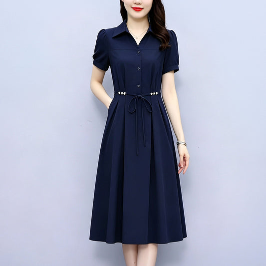 Plus Size Elegant Short Sleeve Shirt Dress with Tie Waist