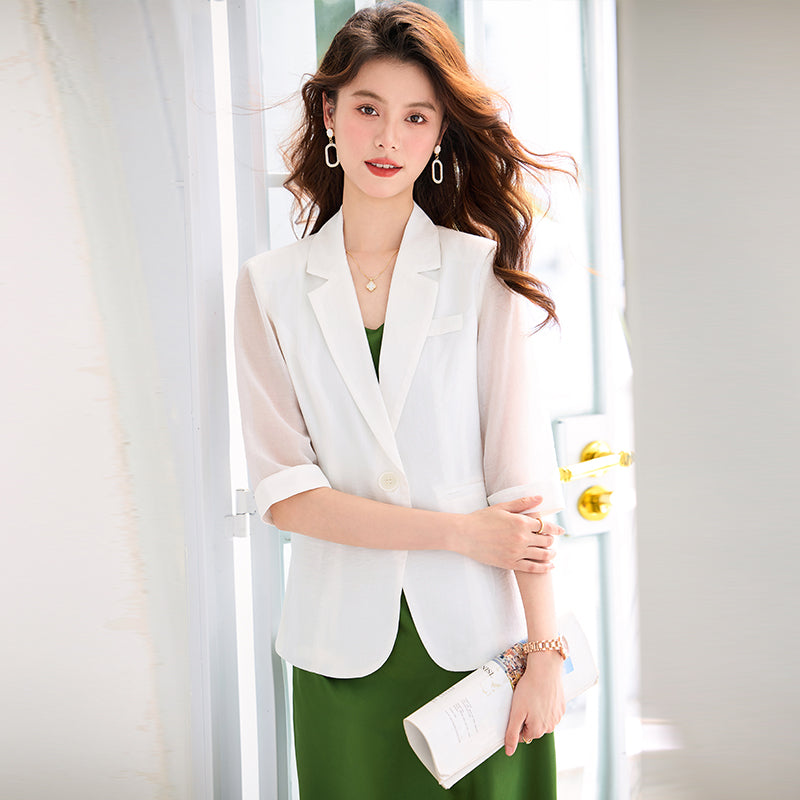 Elegant Single-Button Lightweight Summer Blazer With Rolled Cuffs