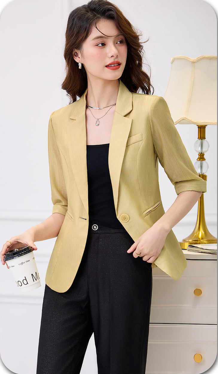 Elegant Single-Button Lightweight Summer Blazer With Rolled Cuffs