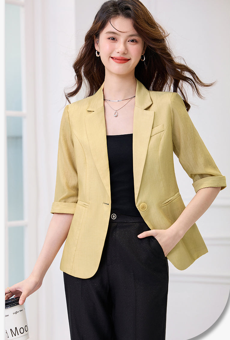 Elegant Single-Button Lightweight Summer Blazer With Rolled Cuffs