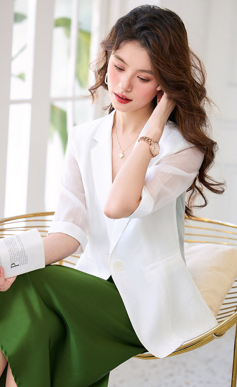 Elegant Single-Button Lightweight Summer Blazer With Rolled Cuffs