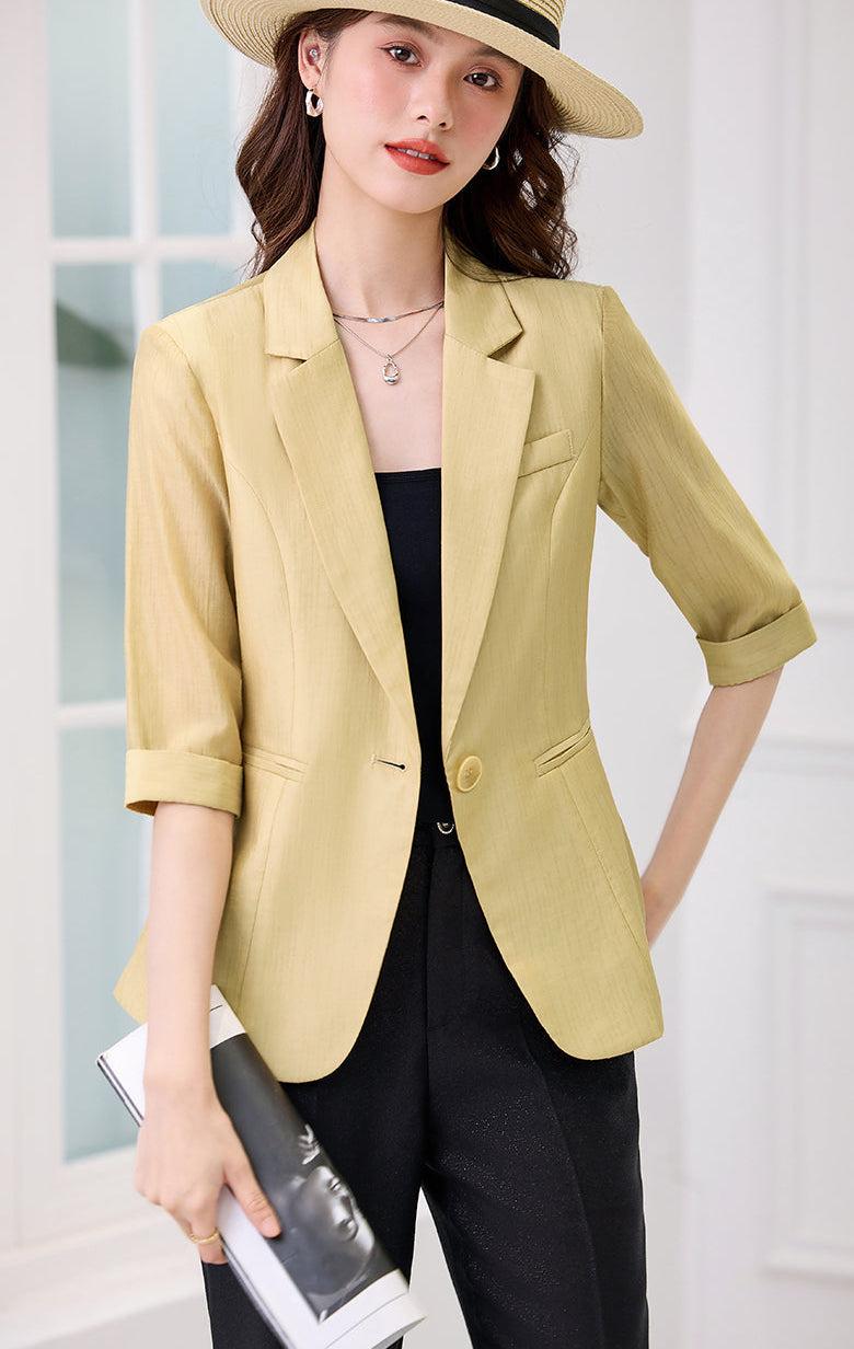Elegant Single-Button Lightweight Summer Blazer With Rolled Cuffs