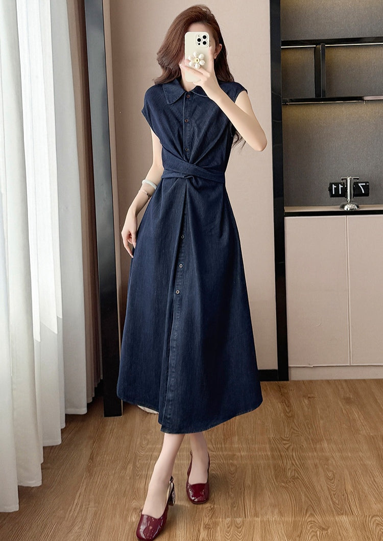Elegant Sleeveless Denim Shirt Midi Dress with Waist Tie