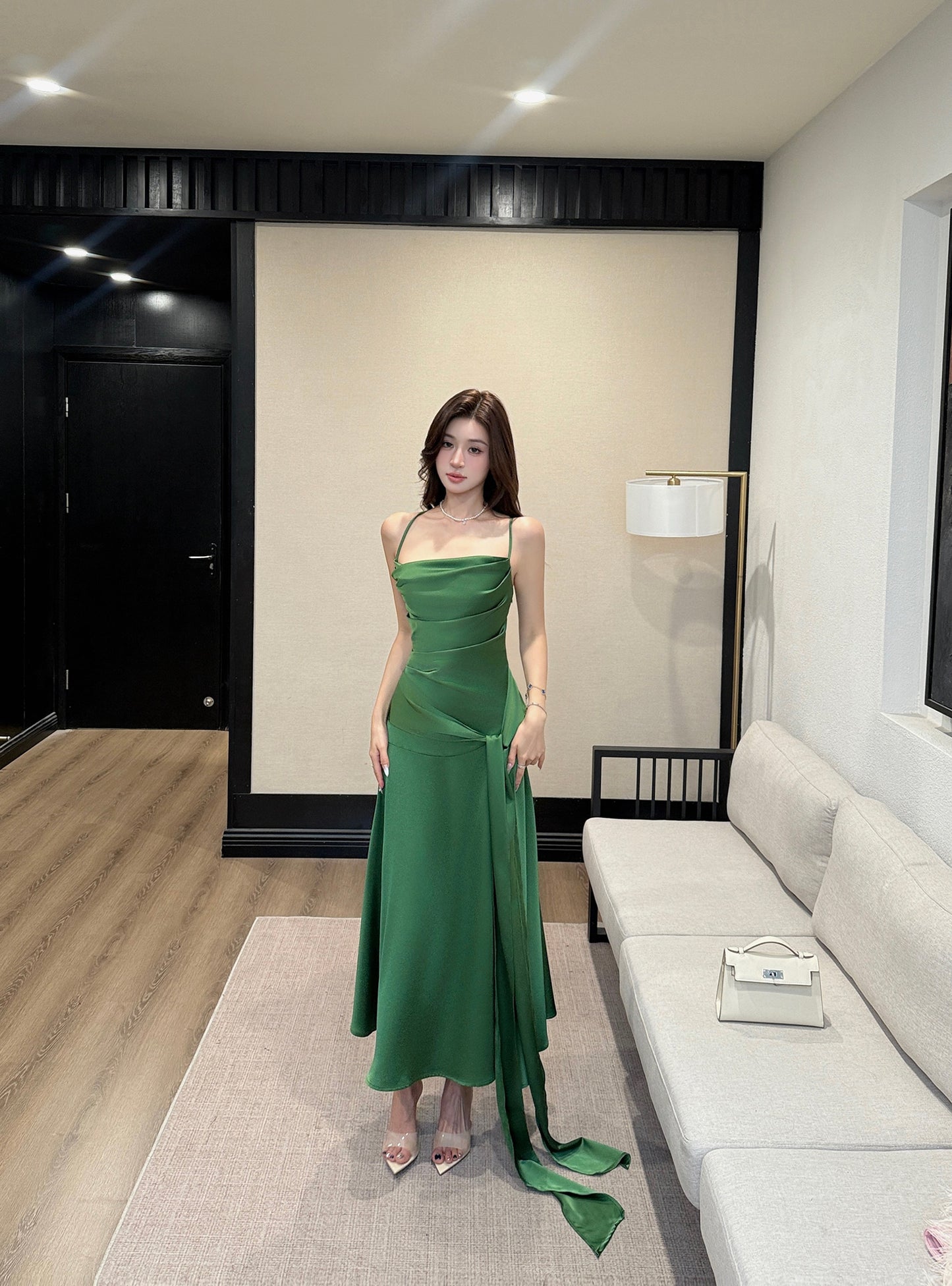 Water Lily French Satin Spaghetti Strap Green Dress-Backless Evening Dress