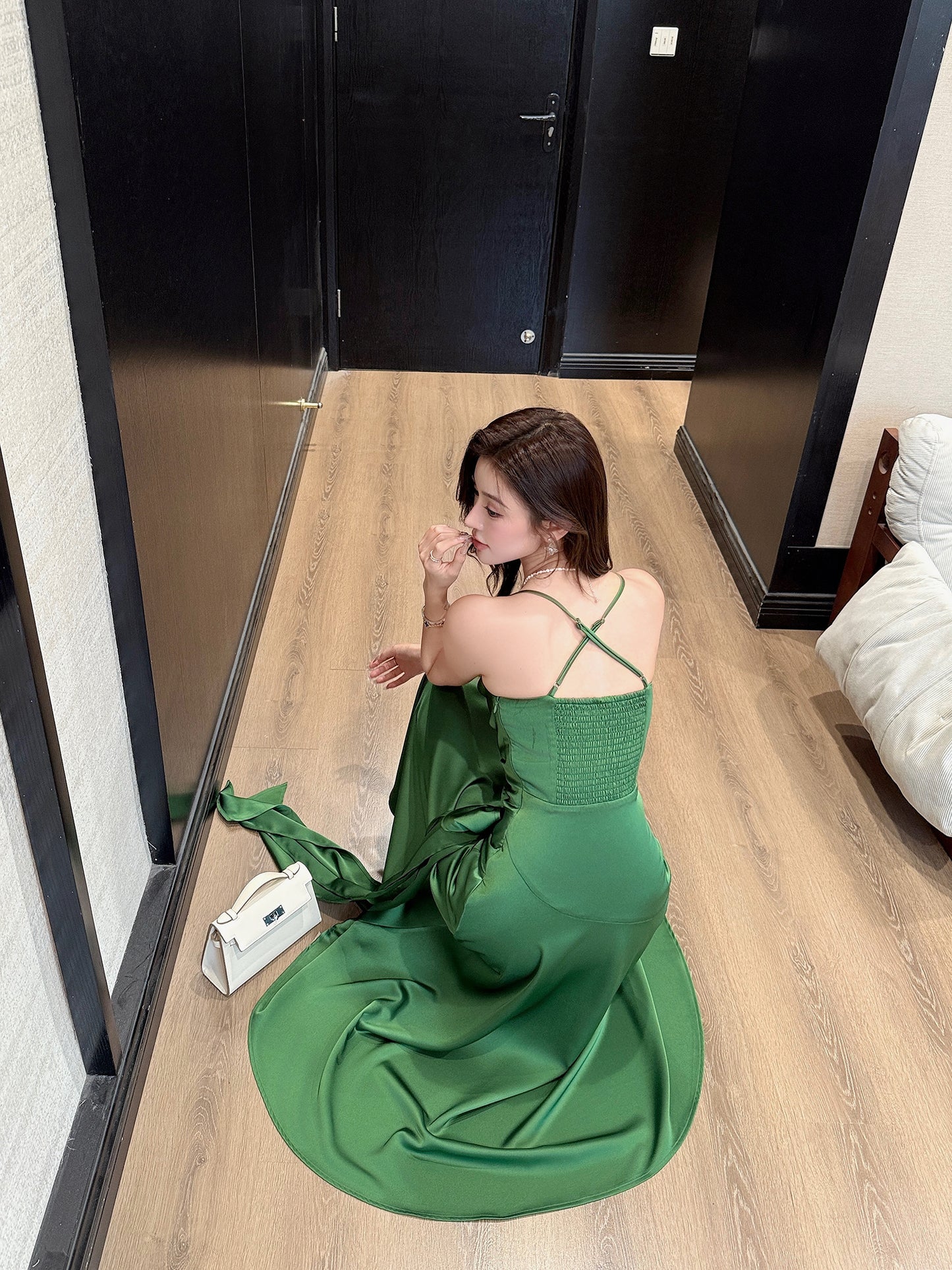 Water Lily French Satin Spaghetti Strap Green Dress-Backless Evening Dress
