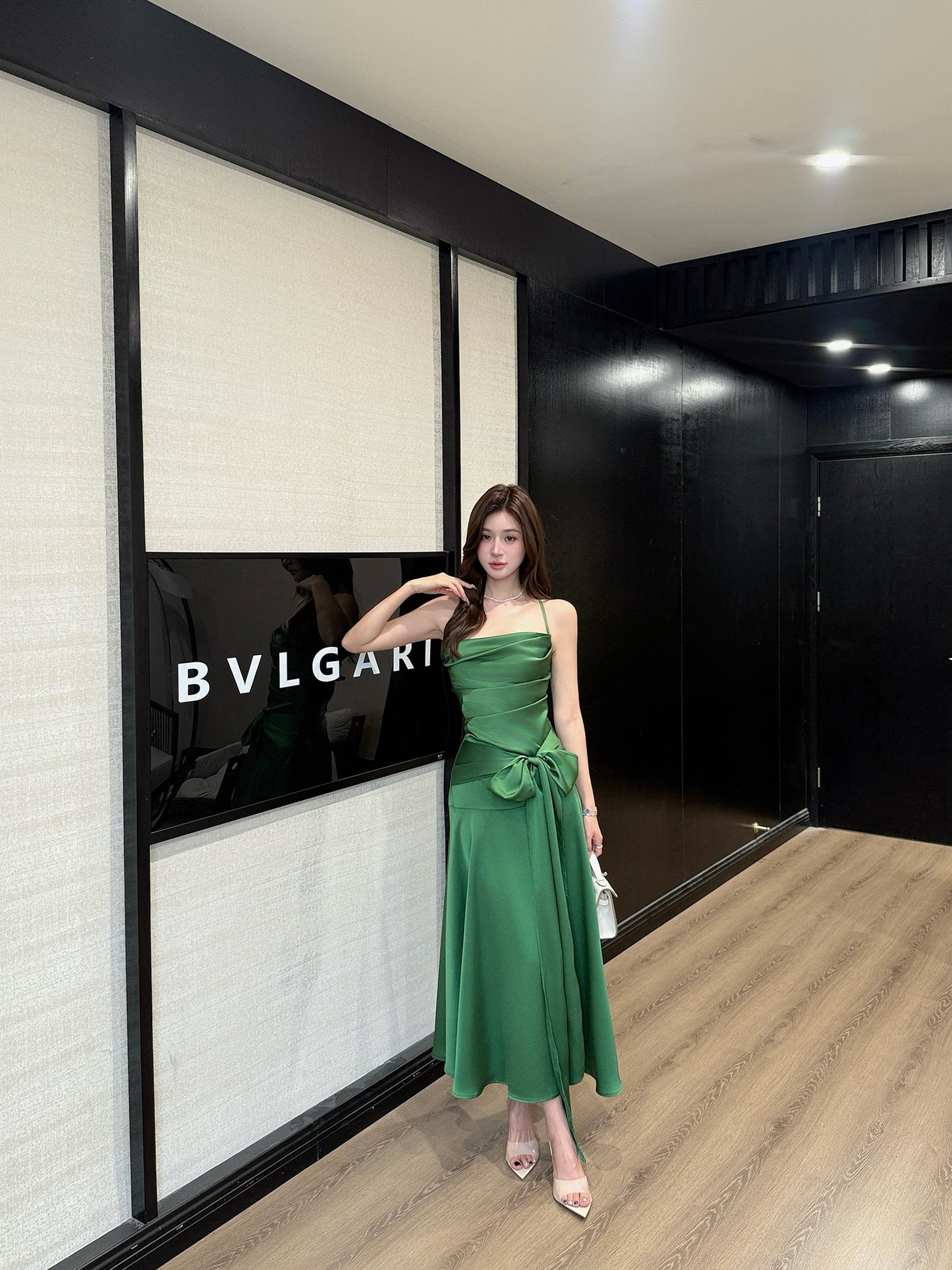 Water Lily French Satin Spaghetti Strap Green Dress-Backless Evening Dress