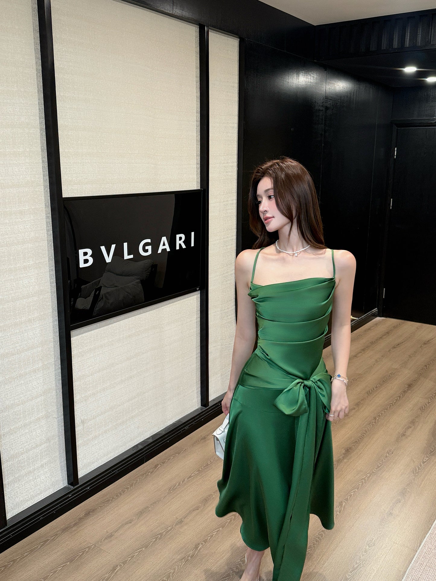 Water Lily French Satin Spaghetti Strap Green Dress-Backless Evening Dress