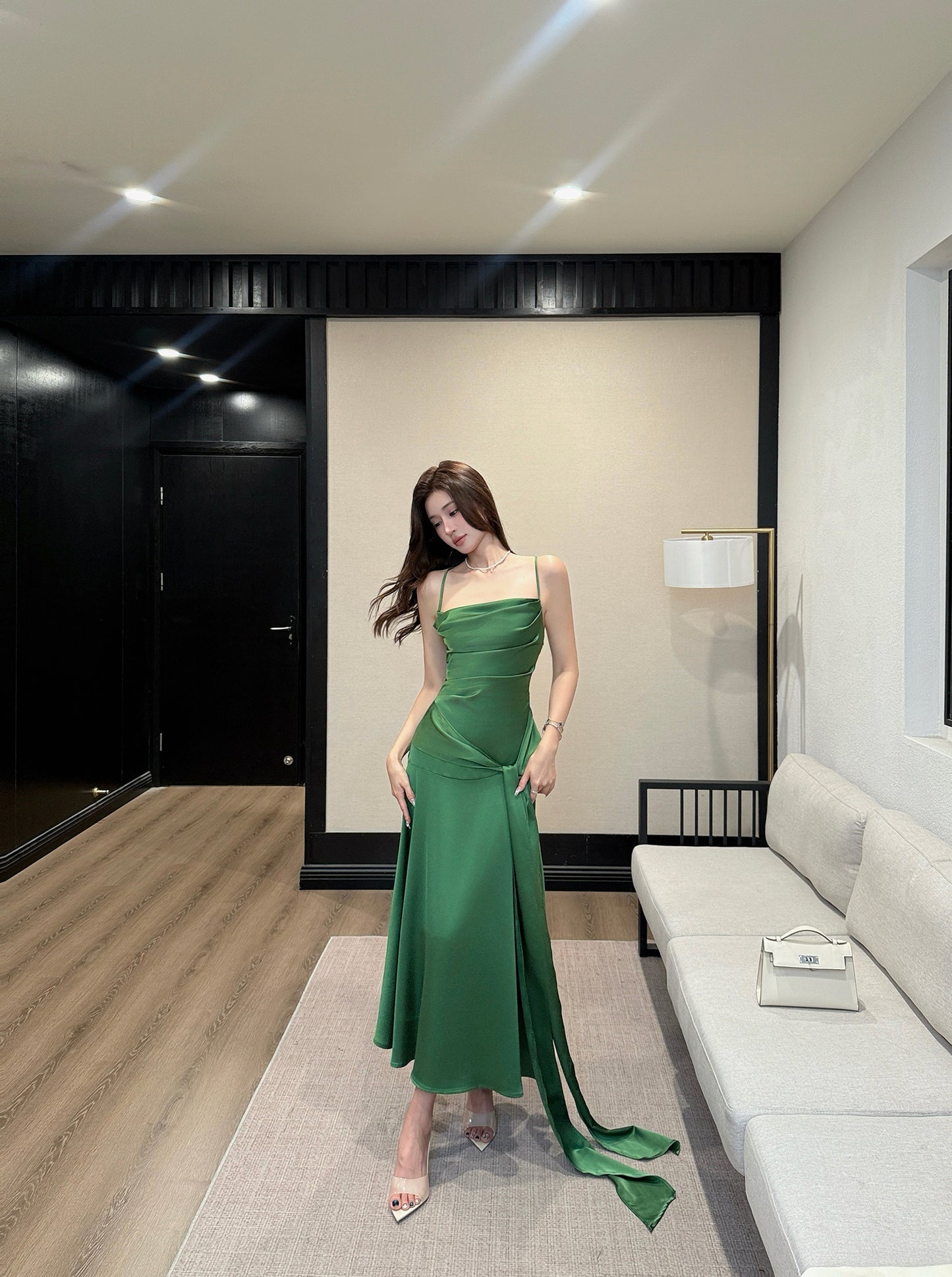 Water Lily French Satin Spaghetti Strap Green Dress-Backless Evening Dress