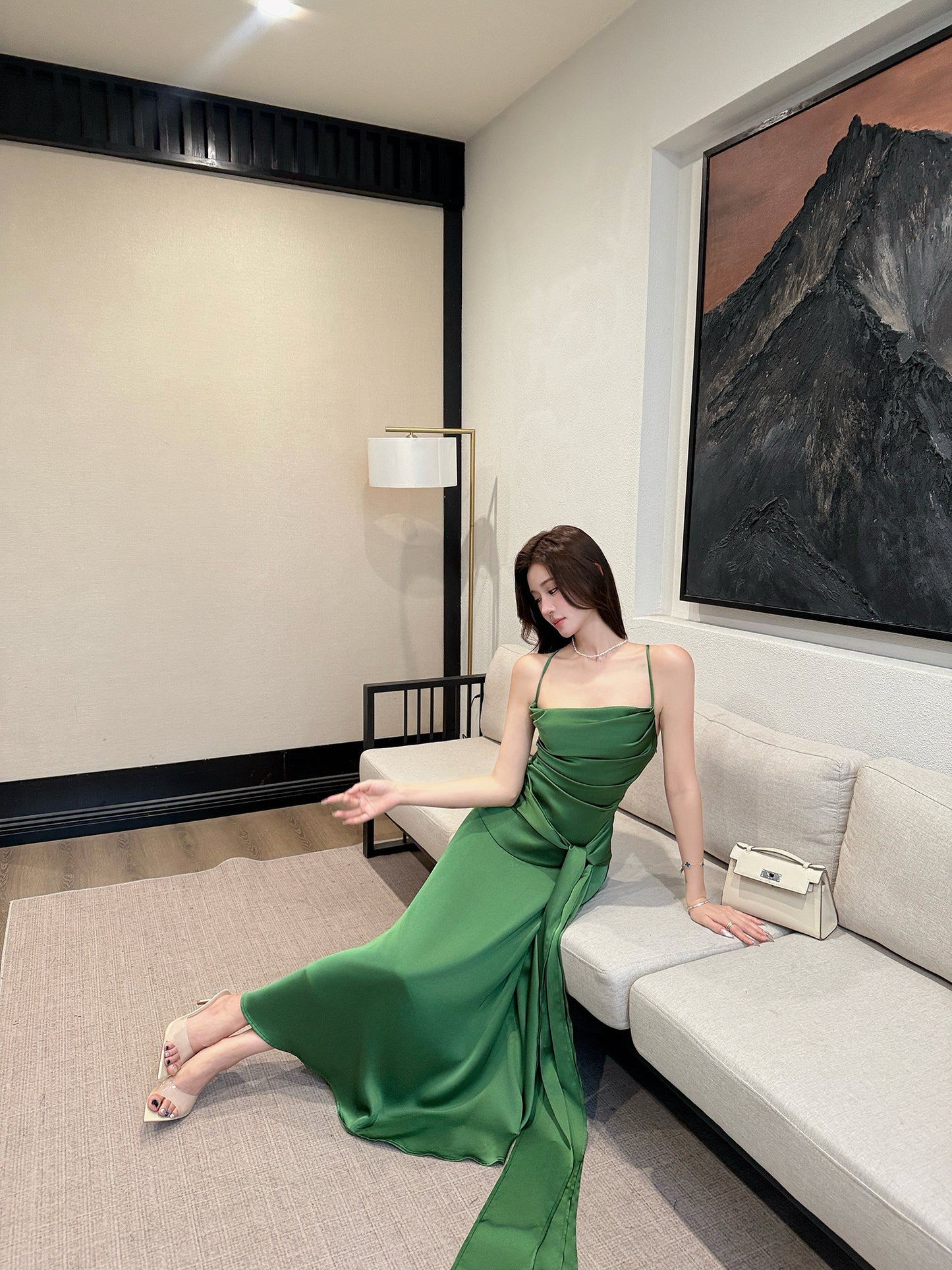Water Lily French Satin Spaghetti Strap Green Dress-Backless Evening Dress