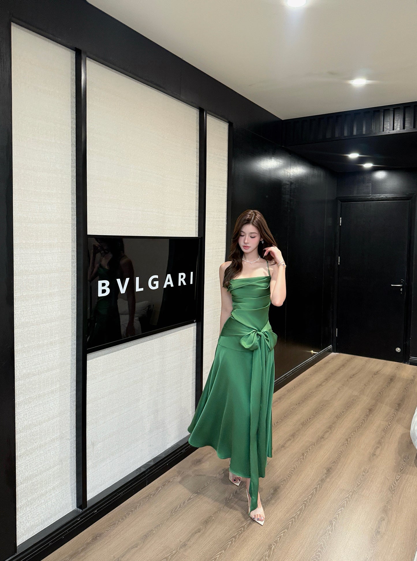 Water Lily French Satin Spaghetti Strap Green Dress-Backless Evening Dress