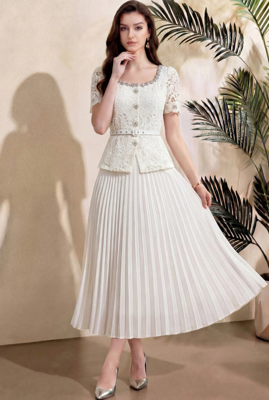 Elegant White Lace Pleated Midi Dress with Belt