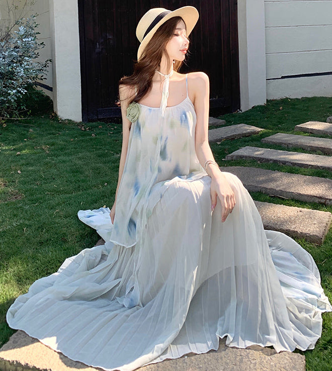Dreamy Watercolor Print Pleated Chiffon Maxi Dress