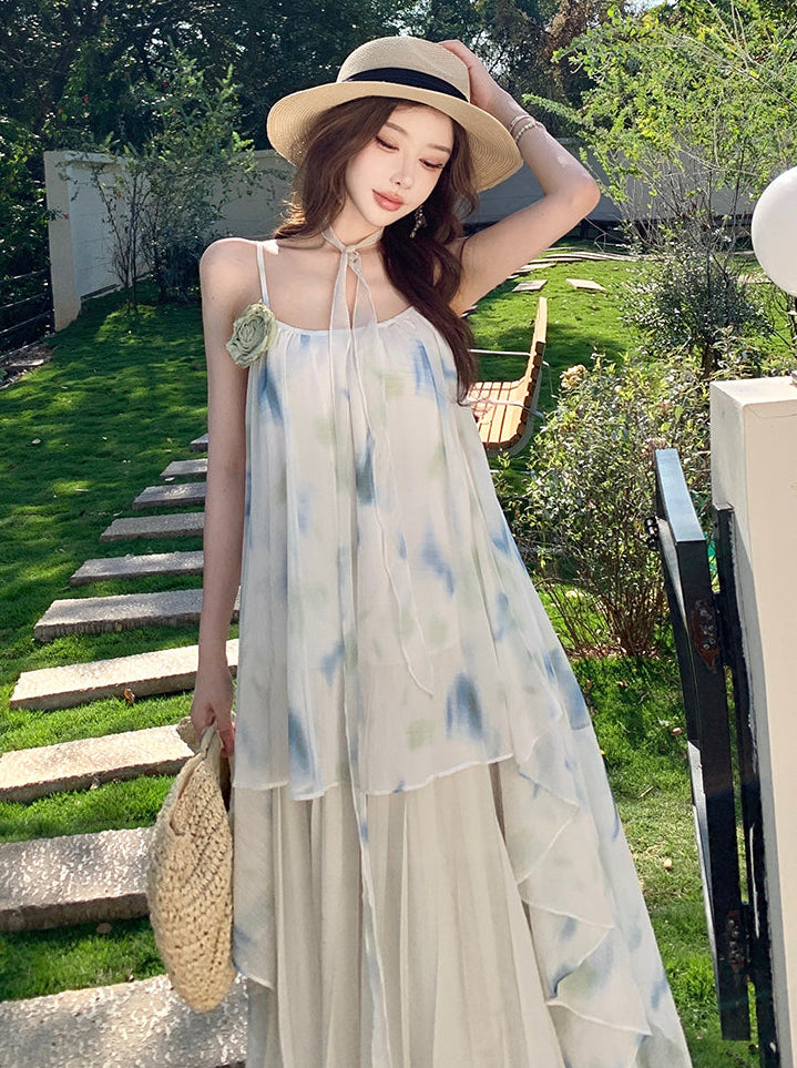 Dreamy Watercolor Print Pleated Chiffon Maxi Dress