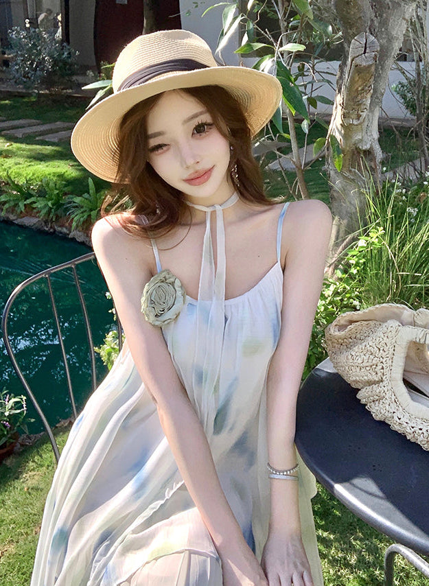 Dreamy Watercolor Print Pleated Chiffon Maxi Dress
