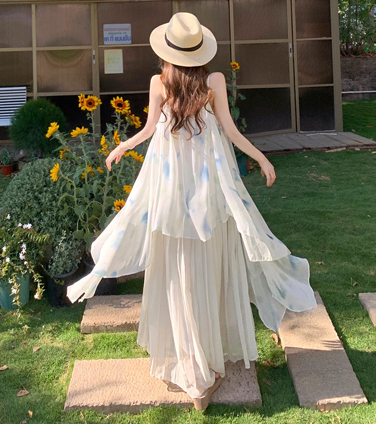 Dreamy Watercolor Print Pleated Chiffon Maxi Dress