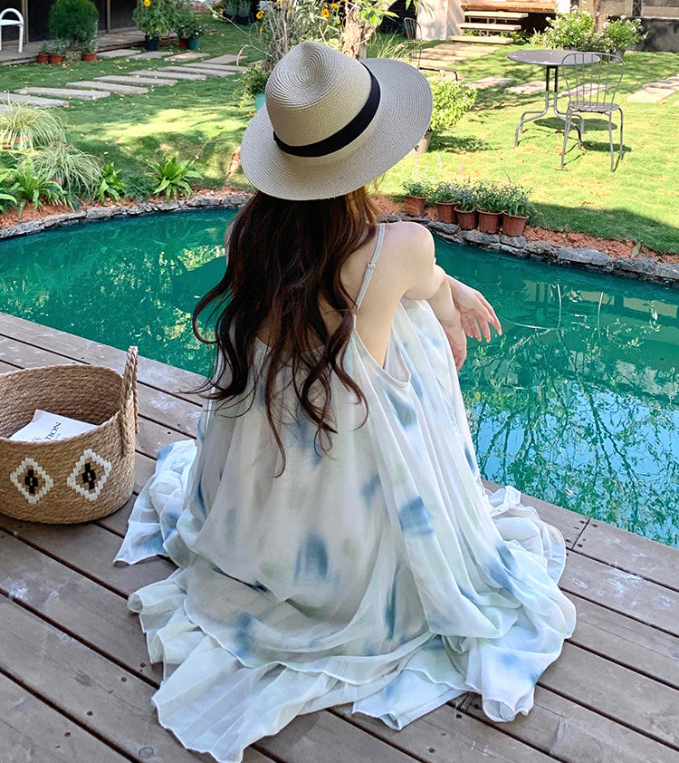 Dreamy Watercolor Print Pleated Chiffon Maxi Dress
