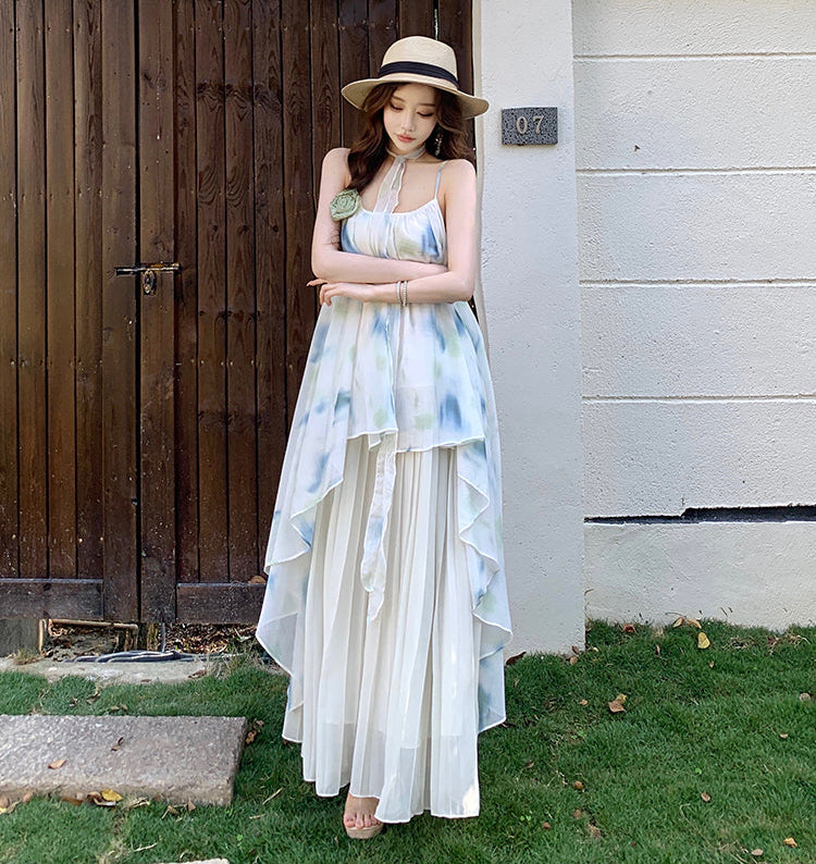 Dreamy Watercolor Print Pleated Chiffon Maxi Dress