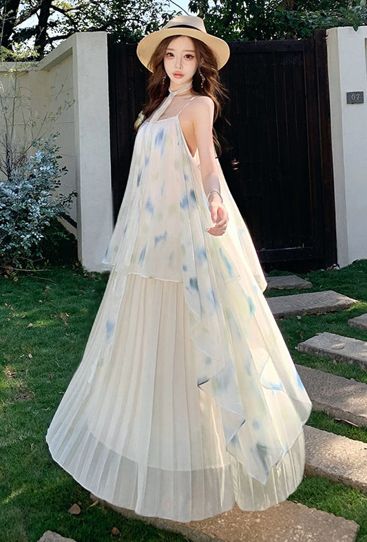 Dreamy Watercolor Print Pleated Chiffon Maxi Dress