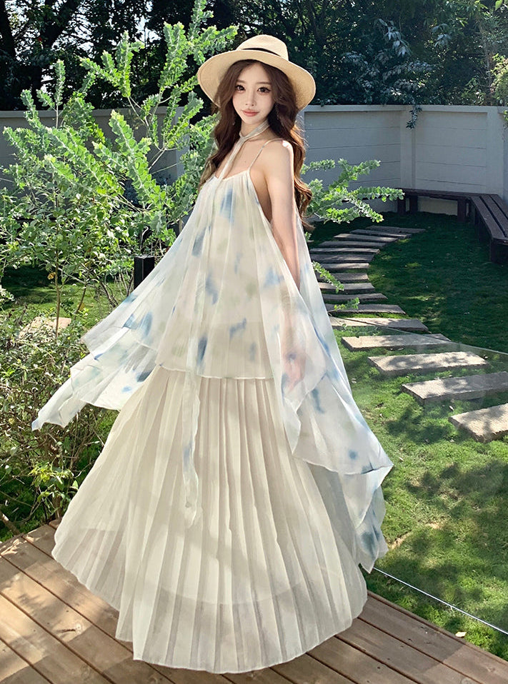 Dreamy Watercolor Print Pleated Chiffon Maxi Dress