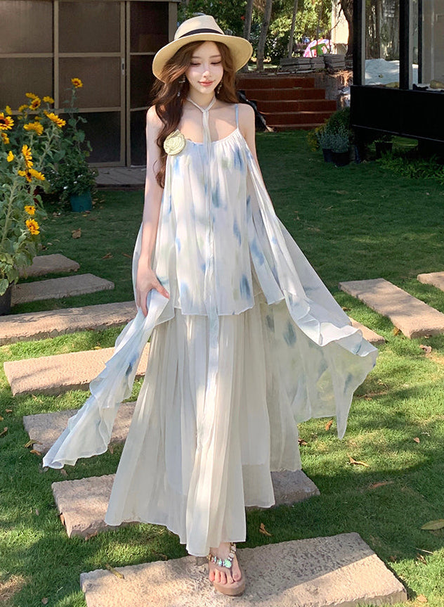 Dreamy Watercolor Print Pleated Chiffon Maxi Dress