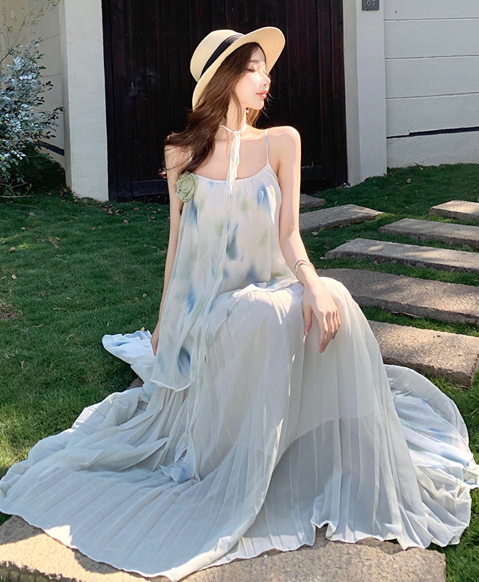 Dreamy Watercolor Print Pleated Chiffon Maxi Dress