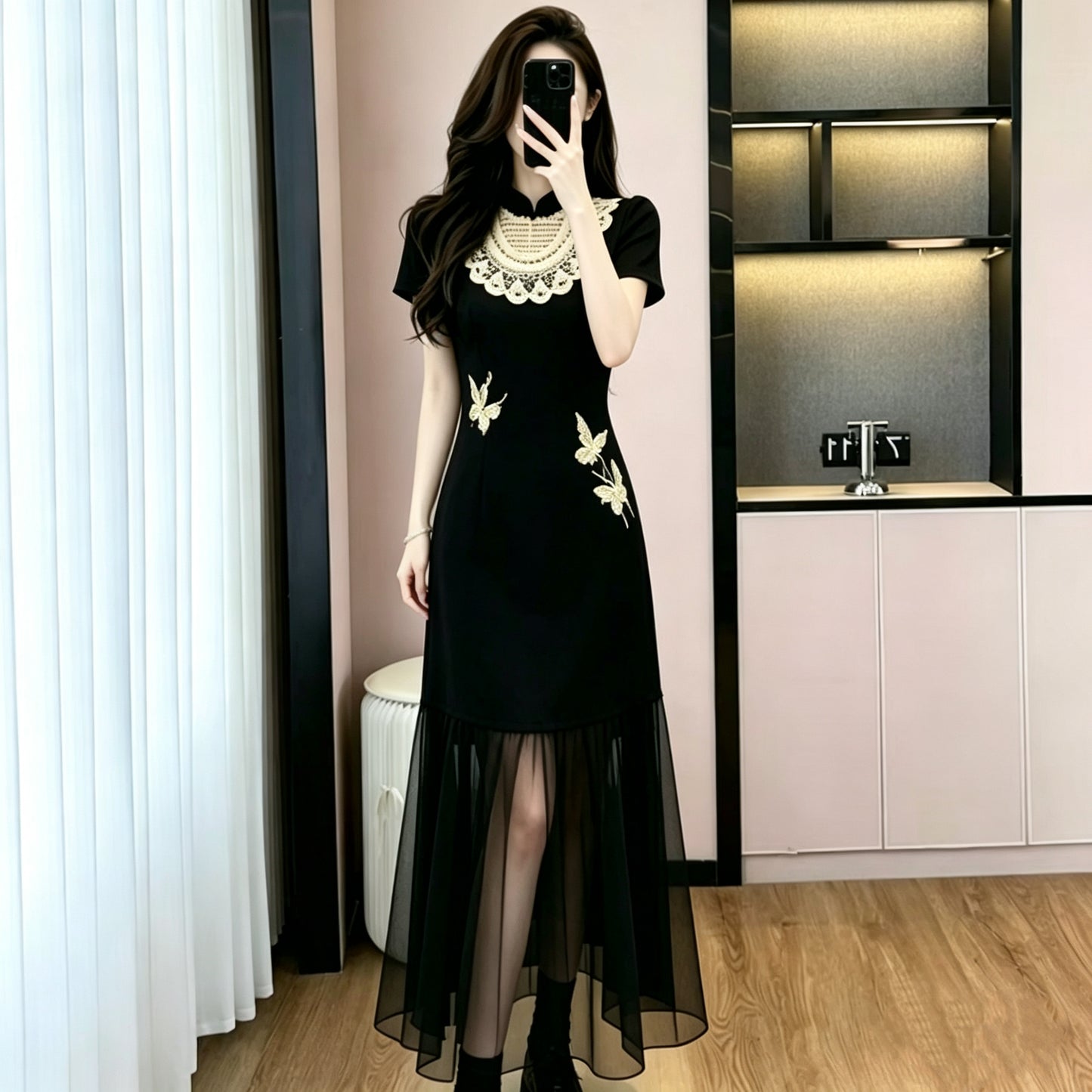 Plus Size Embroidered Butterfly Modern Qipao Midi Dress