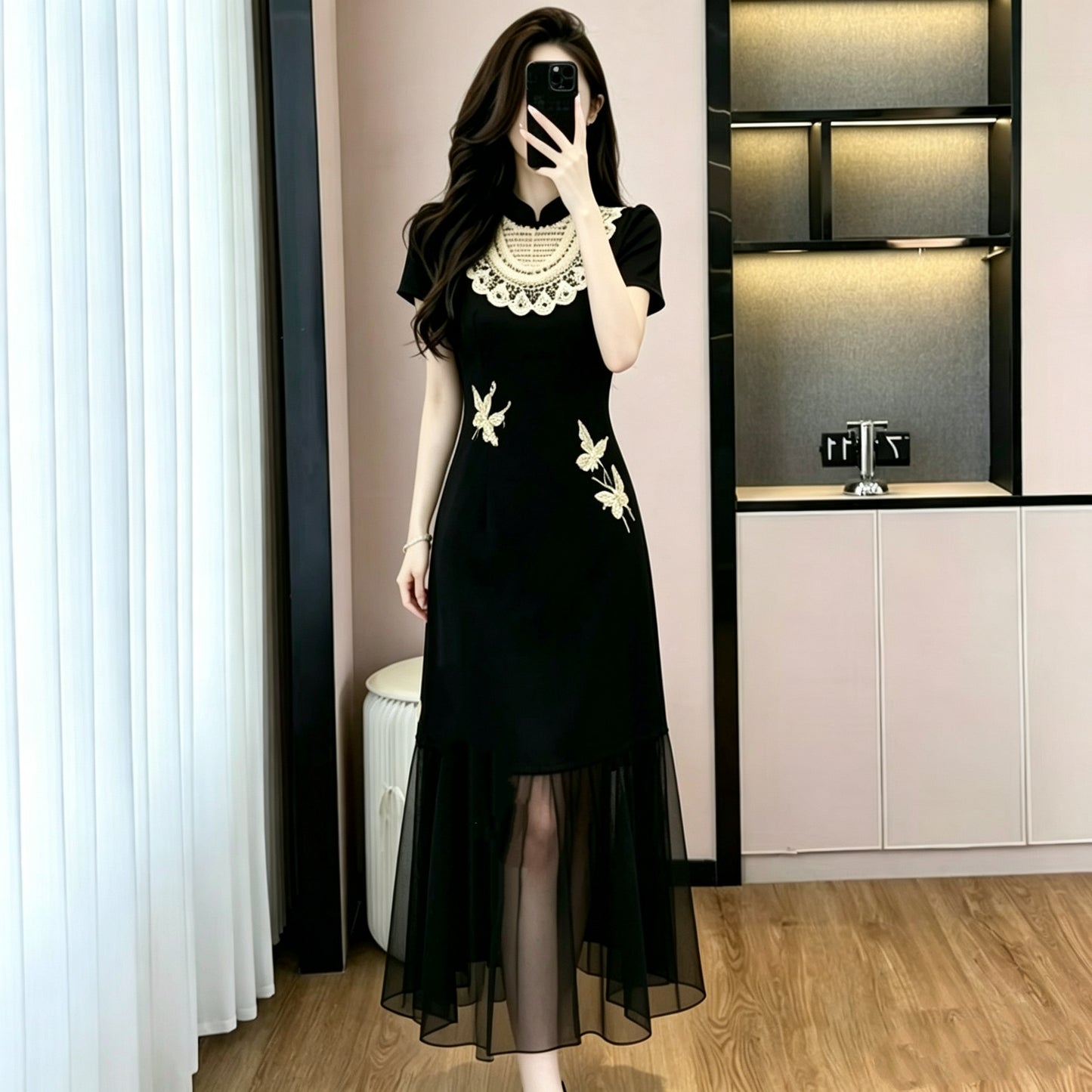 Plus Size Embroidered Butterfly Modern Qipao Midi Dress