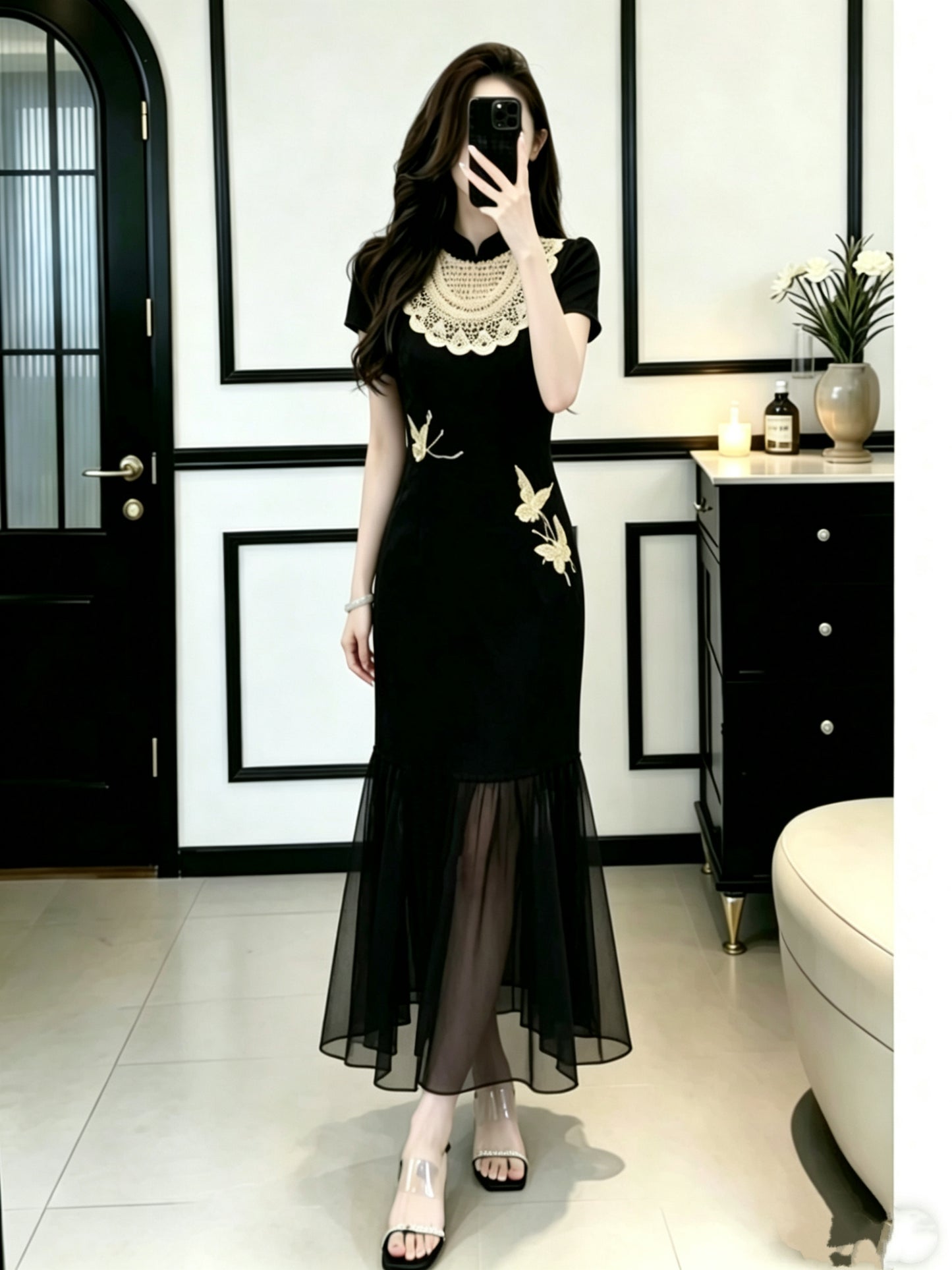 Plus Size Embroidered Butterfly Modern Qipao Midi Dress