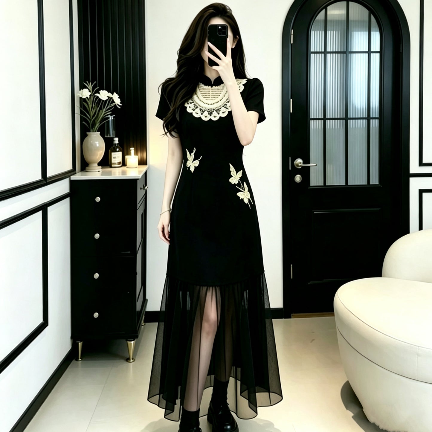 Plus Size Embroidered Butterfly Modern Qipao Midi Dress