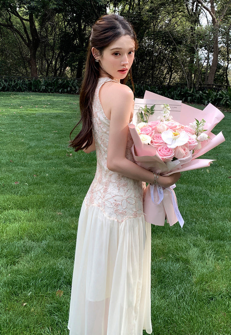 Petal Embroidery Tiered Dress
