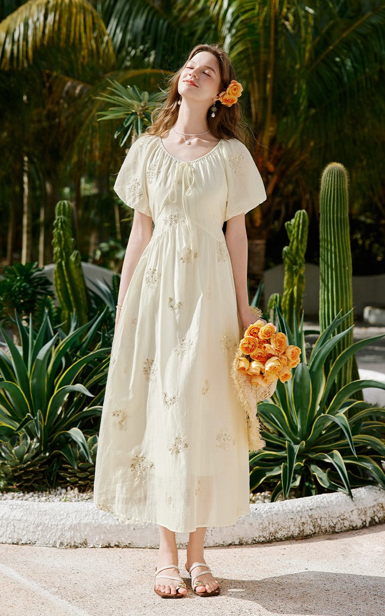 Embroidered Floral Scoop Neck Midi Dress with Puff Sleeves & Tie Front