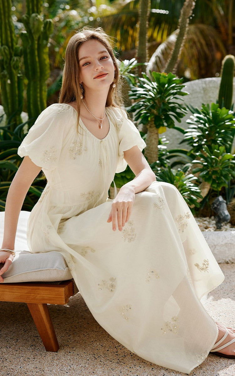 Embroidered Floral Scoop Neck Midi Dress with Puff Sleeves & Tie Front