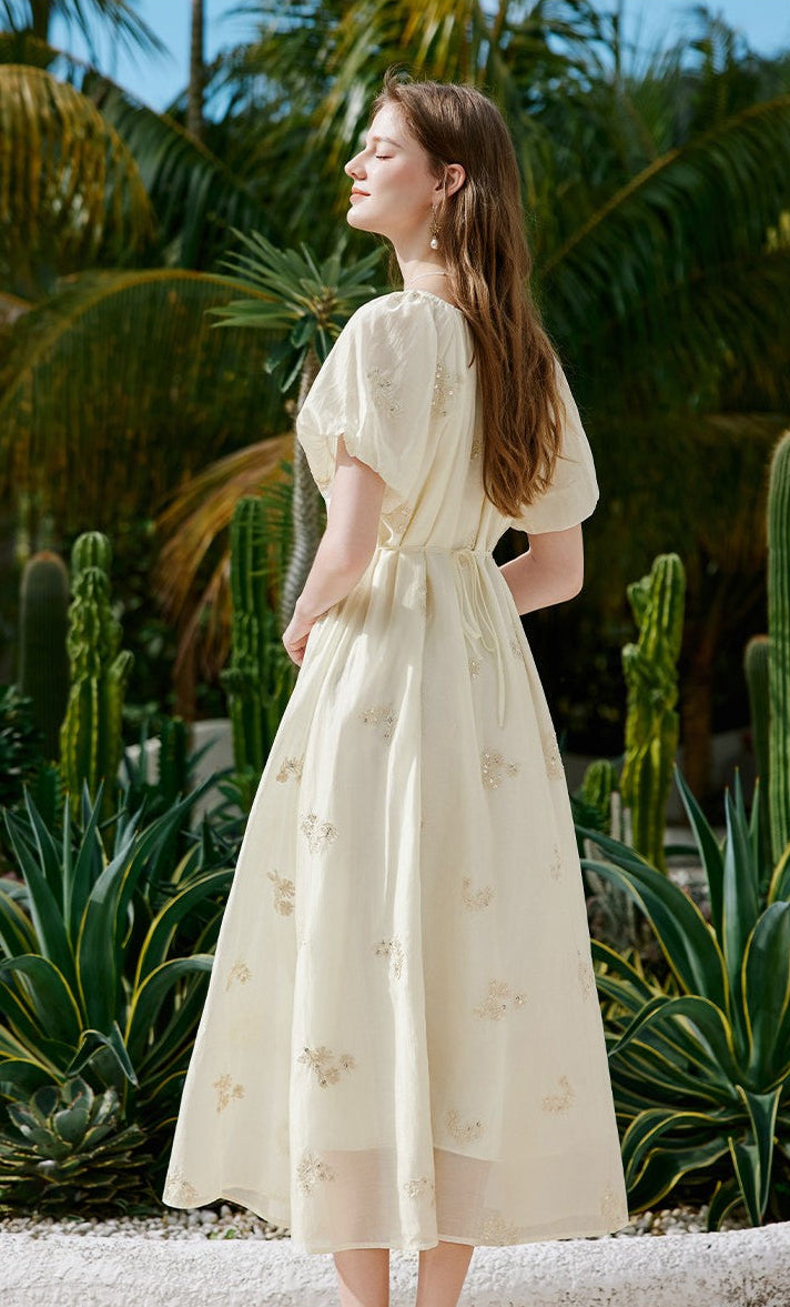 Embroidered Floral Scoop Neck Midi Dress with Puff Sleeves & Tie Front